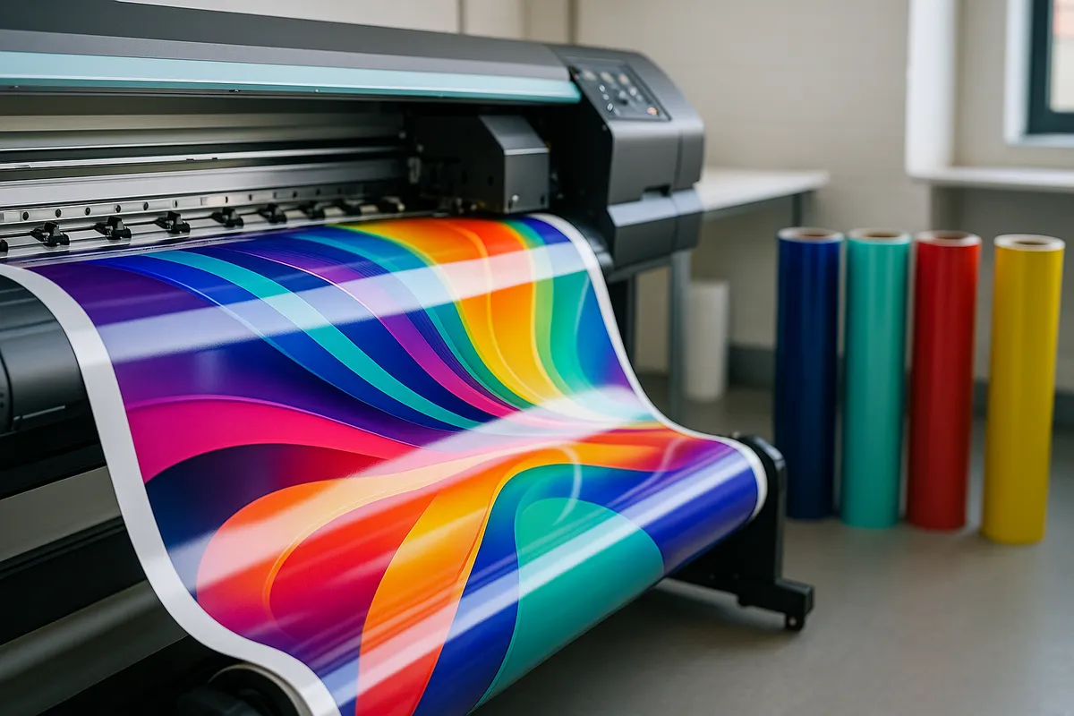 A wide-format printer producing a vivid, colourful printed vinyl wrap panel, with rolls of coloured vinyl beside it