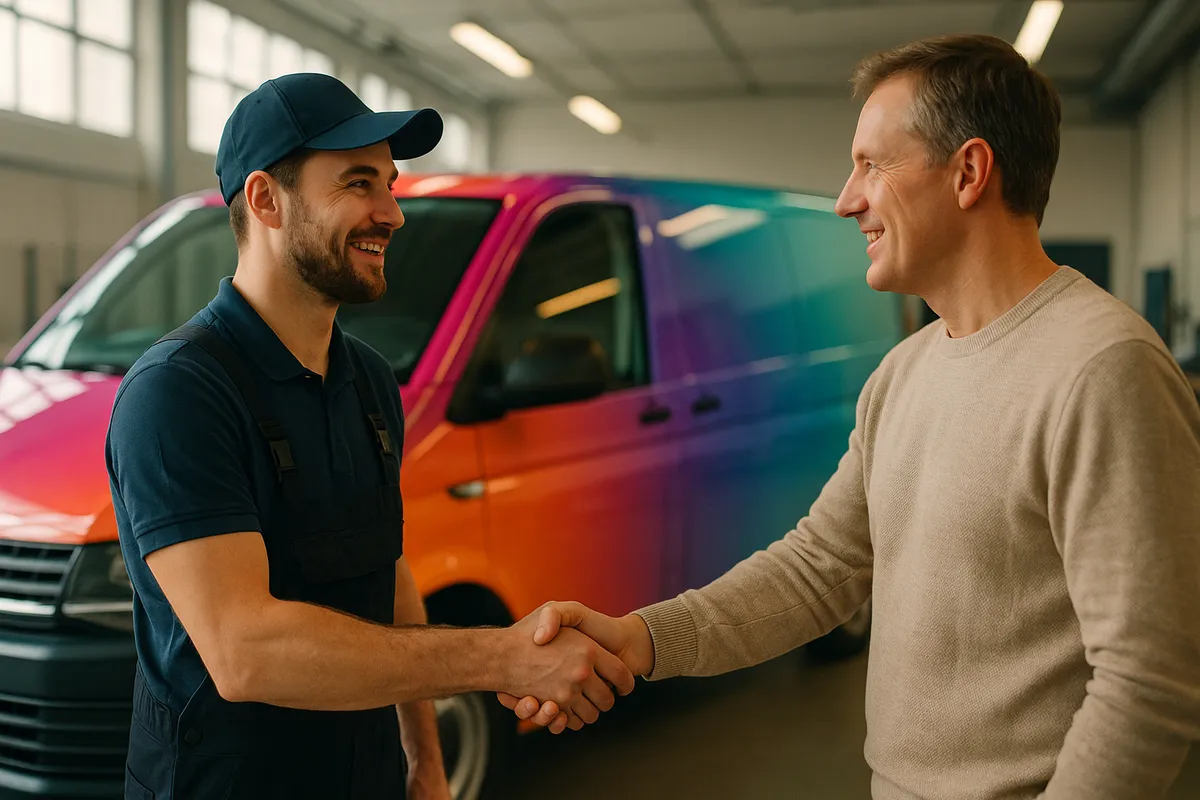 A tradesperson and a customer shaking hands in front of a freshly wrapped colourful van