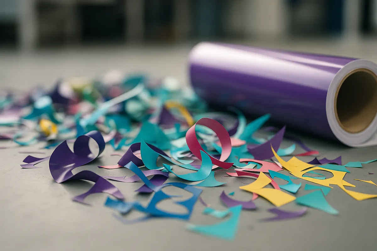 Colourful vinyl offcuts and weeding waste scattered on a workshop floor beside a part-used roll