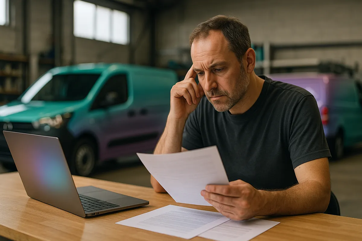 A sign-shop owner reviewing paperwork at a desk beside a laptop, freshly wrapped vans behind