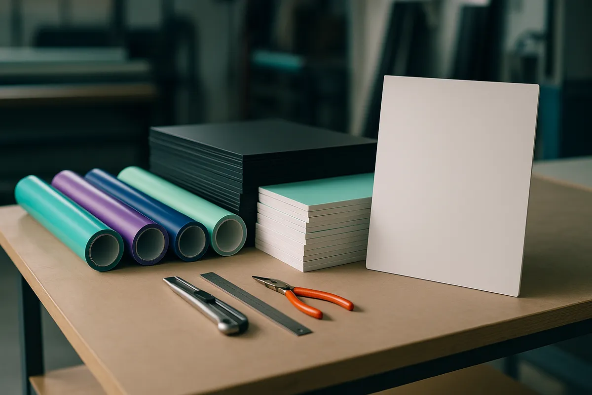 A sign-shop workbench with stacked substrate sheets, rolls of coloured vinyl and hand tools