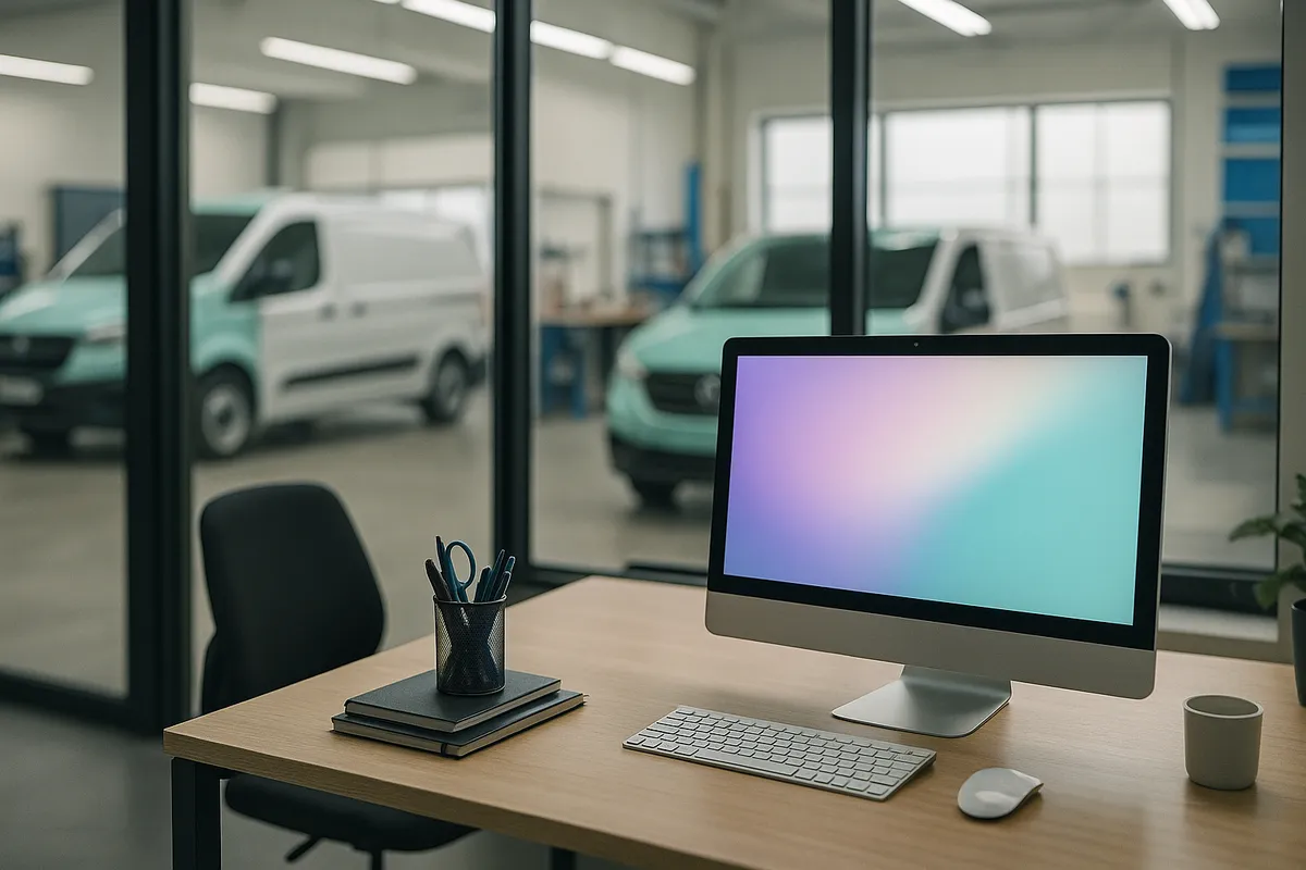A modern sign-shop office desk with a computer, freshly wrapped vans visible through a glass partition