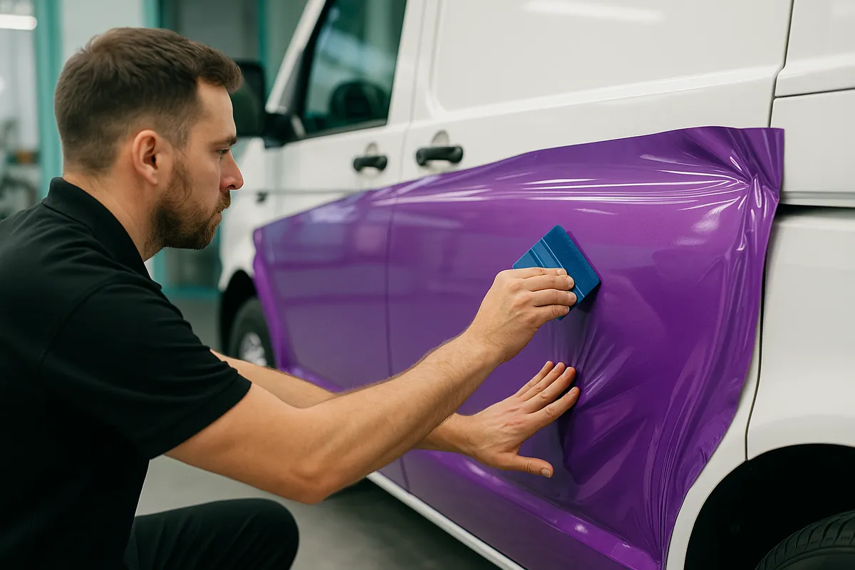 A professional installer smoothing violet gloss vinyl onto the side of a panel van with a squeegee